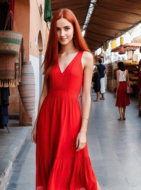 AI generated redheaded babe drops her red dress and walks naked through a city - #1