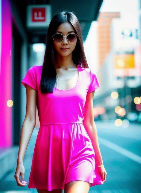 AI Generated Asian babe Mira Delta posing in her pink dress & naked in public - #2