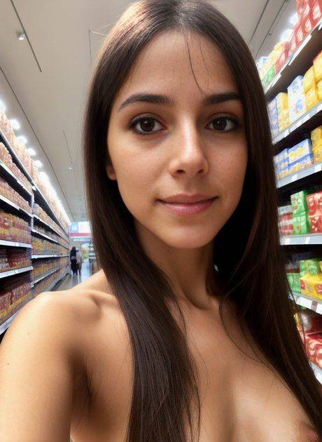 Brunette hottie Susan Beta exposes her natural tits and poses in a store - #9
