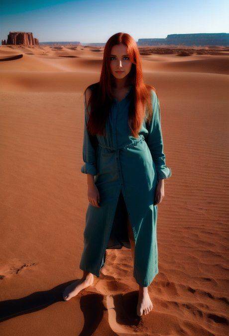 Slim redheaded model Redhead Panter poses alone and naked in the desert - #1