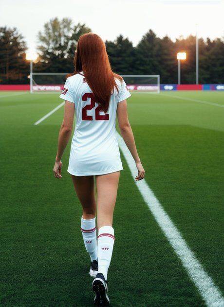 AI generated redhead Hanna Jane strips and poses naked on a soccer field - #2