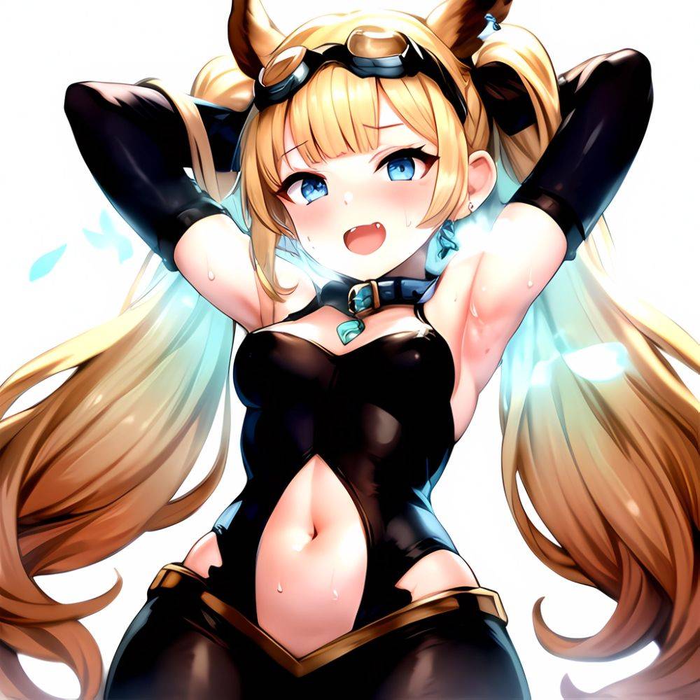1girl Armpits Arms Behind Head Backlighting Bare Arms Bare Legs Blonde Hair Blue Eyes Blush Breasts Check Commentary Clothing Cu, 3957916075 - AIHentai - #1