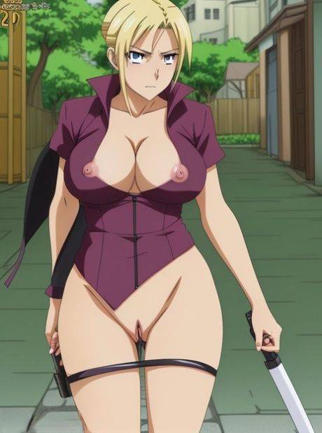Blonde busty hentai warrior Riza Hawkeye poses naked in a solo show - #2