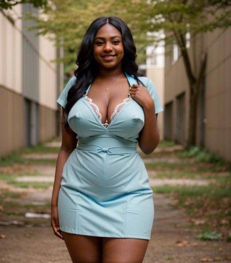 AI generated ebony teen flaunts her amazing big tits and bubble ass outdoors - #10