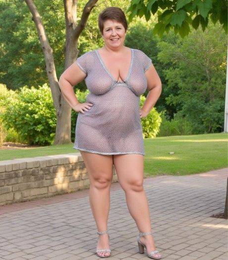 Short haired fat AI granny flaunts her big tits in the public place - #4