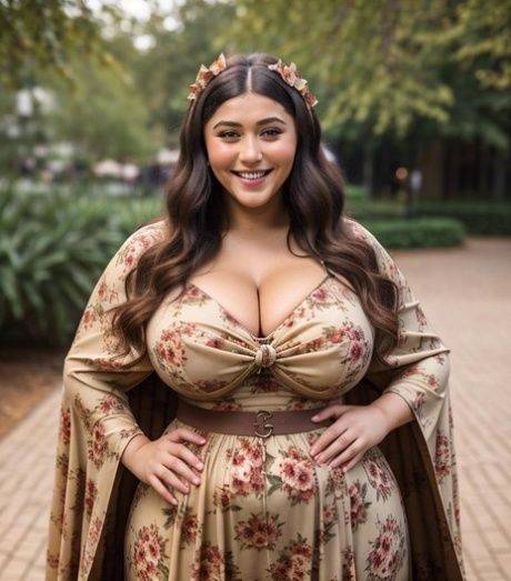 Fat brunette AI generated honey displays her massive melons outdoors - #10