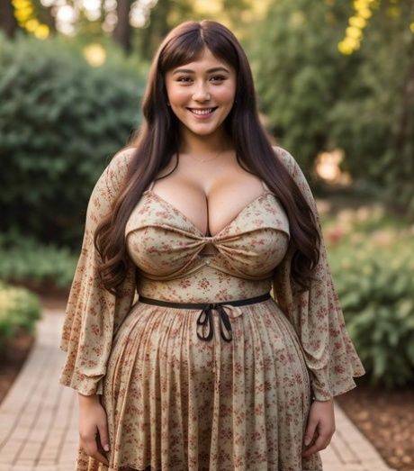 Fat brunette AI generated honey displays her massive melons outdoors - #1