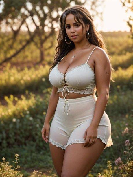 Gorgeous AI generated chubby babe Rosalba shows her juicy melons outdoors - #1
