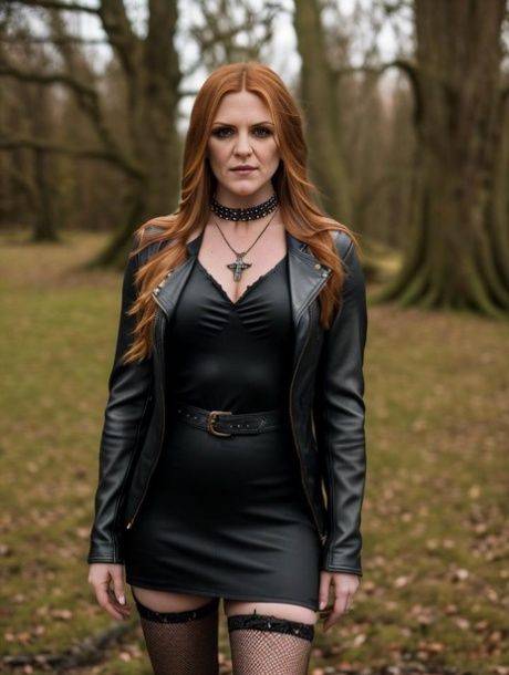 Redheaded goth AI generated model posing in her black outfits & naked - #4