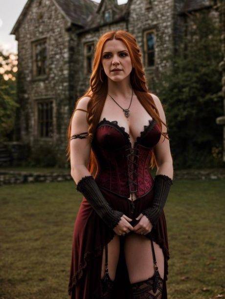 Redheaded goth AI generated model posing in her black outfits & naked - #11