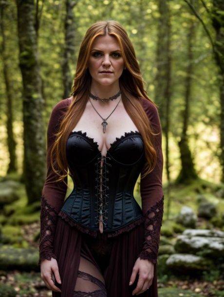 Redheaded goth AI generated model posing in her black outfits & naked - #8