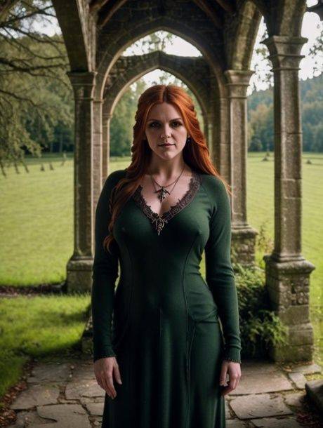 Redheaded goth AI generated model posing in her black outfits & naked - #12
