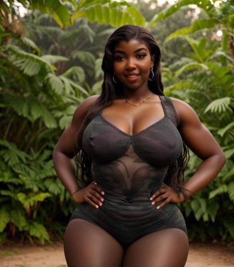 Chubby AI generated ebony Blackstyl shows her big tits while posing in a solo - #7