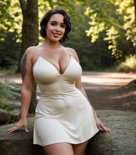 Thick AI generated model RedWon showing off her cleavage & big tits outside - #12