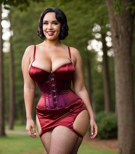 Thick AI generated model RedWon showing off her cleavage & big tits outside - #2