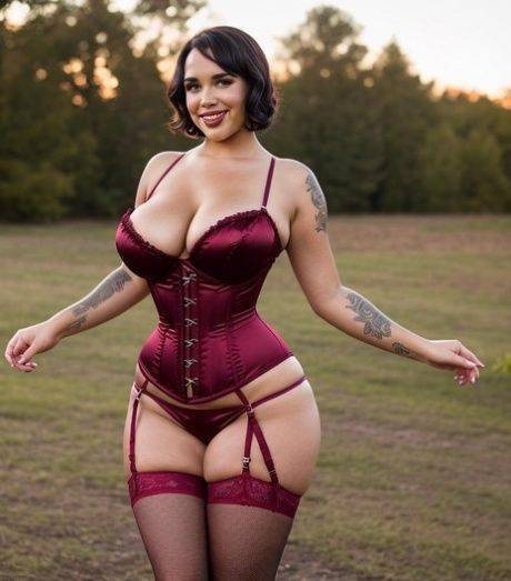 Thick AI generated model RedWon showing off her cleavage & big tits outside - #10