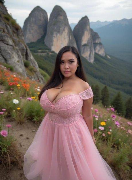 AI generated babe Bomber exposes her monster juggs on the top of a mountain - #3