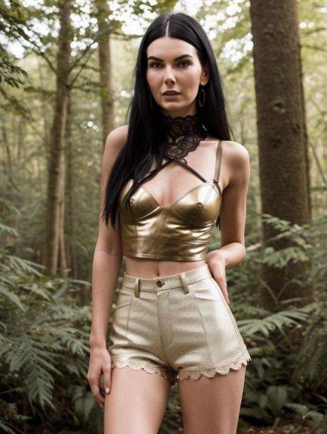 Raven-haired AI generated model posing dressed up and naked outdoors - #9