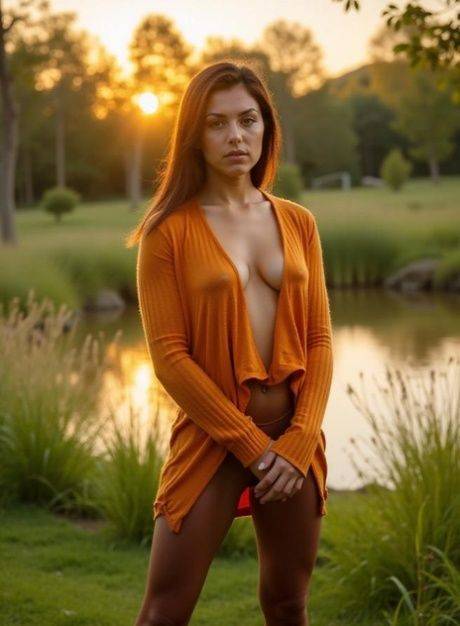 Gorgeous brunette AI generated babe Sinerger flaunts her lovely boobs outdoors - #3