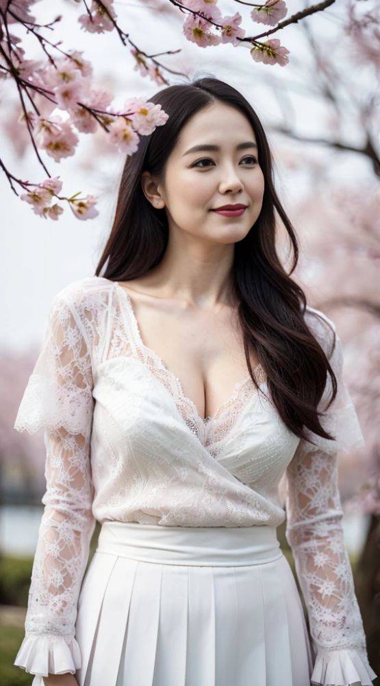 Japanese beauty standing under a cherry tree (AI eroticism) - #13