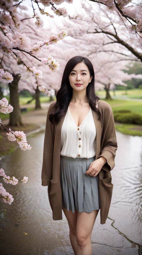 Japanese beauty standing under a cherry tree (AI eroticism) - #10
