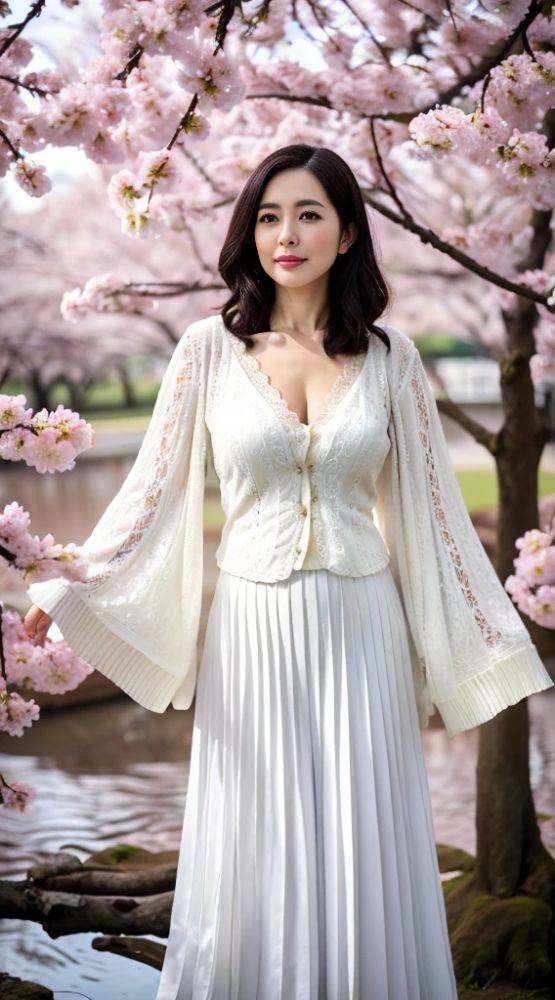 Japanese beauty standing under a cherry tree (AI eroticism) - #2