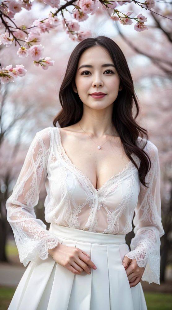 Japanese beauty standing under a cherry tree (AI eroticism) - #1