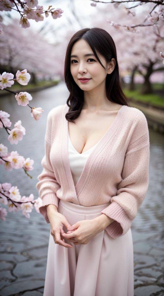 Japanese beauty standing under a cherry tree (AI eroticism) - #8