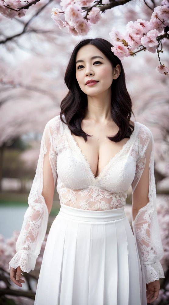 Japanese beauty standing under a cherry tree (AI eroticism) - #16