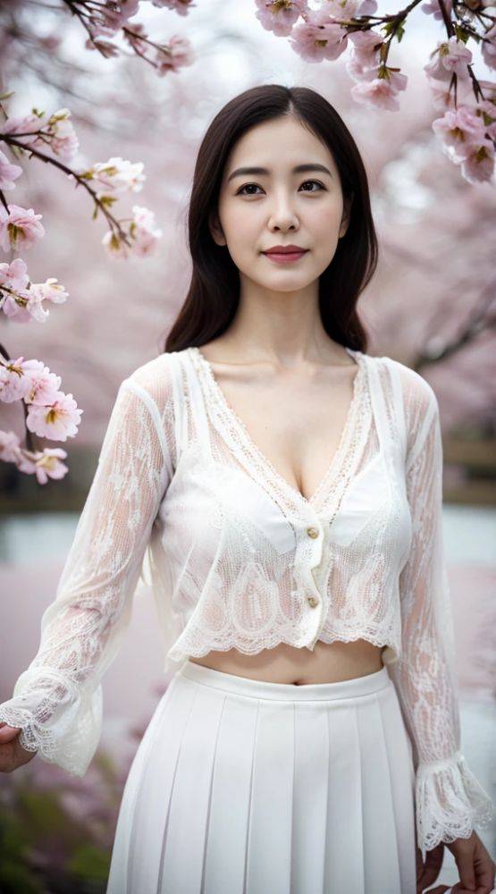 Japanese beauty standing under a cherry tree (AI eroticism) - #6