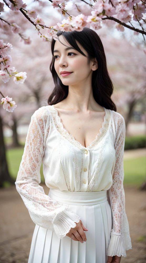 Japanese beauty standing under a cherry tree (AI eroticism) - #11
