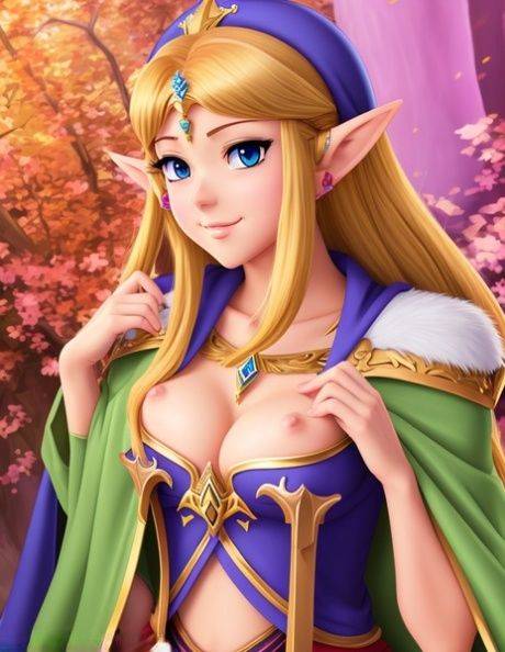 Saucy anime beauty Princess Zelda teasing with her perky boobs in a solo - #4