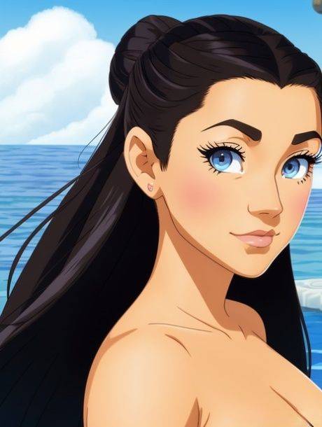 Long haired anime babe with blue eyes Katara poses naked in the sea - #2