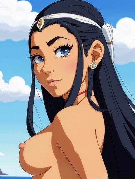 Long haired anime babe with blue eyes Katara poses naked in the sea - #1