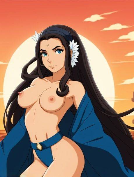 Long haired anime babe with blue eyes Katara poses naked in the sea - #5