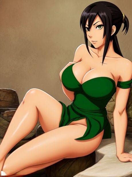 Curvaceous anime girl Toph Bei Fong strips and displays her big tits - #1