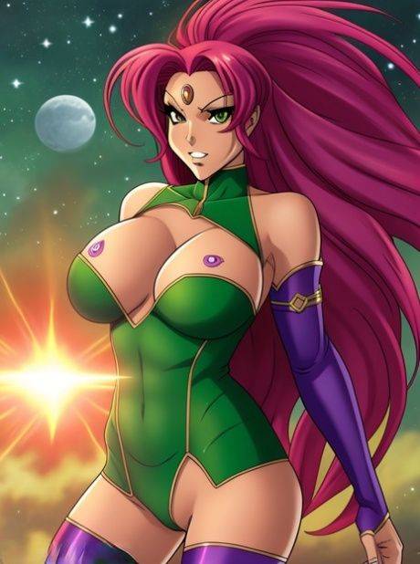 Busty AI generated anime Starfire shows off her big boobs & her bald pussy - #7