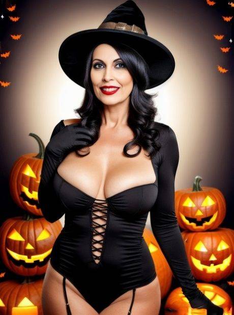 Busty AI generated babe Sasha Lansday teases with her juicy tits on Halloween - #1