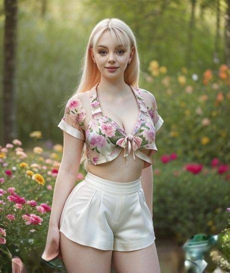 Blonde AI generated babe Ginevra poses dressed up & naked outside - #2