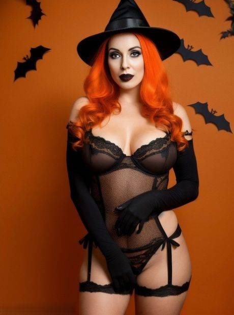Redheaded MILF Linda Lunswille shows her big tits and poses in a witch costume - #11
