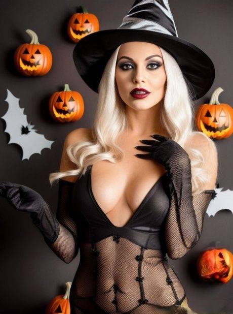 Blonde AI generated babe Sandra Wilkins flaunts her amazing tits on Halloween - #4