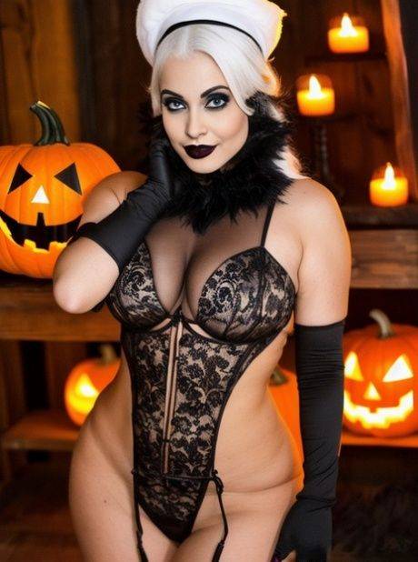 Busty AI generated blonde Sarah Parsons shows her big tits on Halloween - #9
