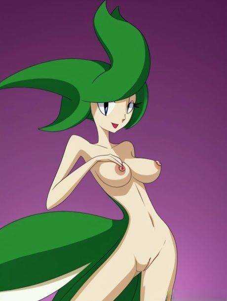 Green-haired anime beauty Gardevoir from Pokemon bares her boobs in a solo - #2