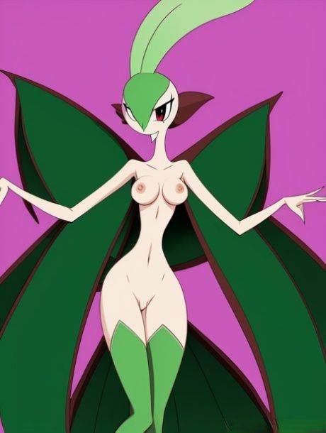 Green-haired anime beauty Gardevoir from Pokemon bares her boobs in a solo - #3