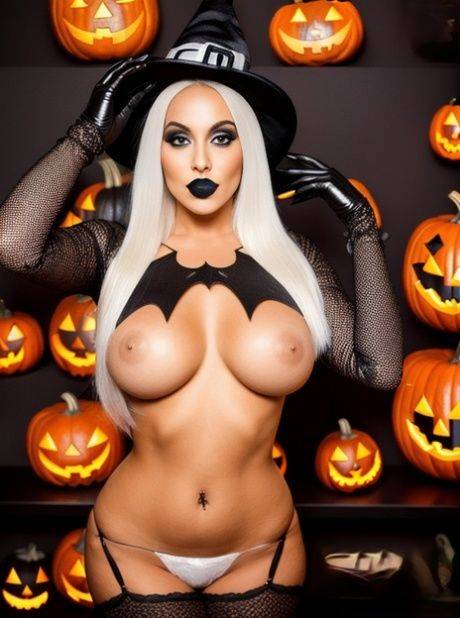 AI generated blonde babe Sandra Wilkins teases in black lingerie on Halloween - #5