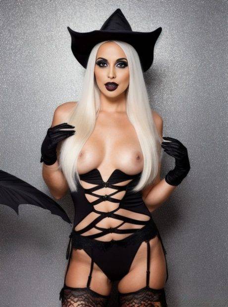 AI generated blonde babe Sandra Wilkins teases in black lingerie on Halloween - #1