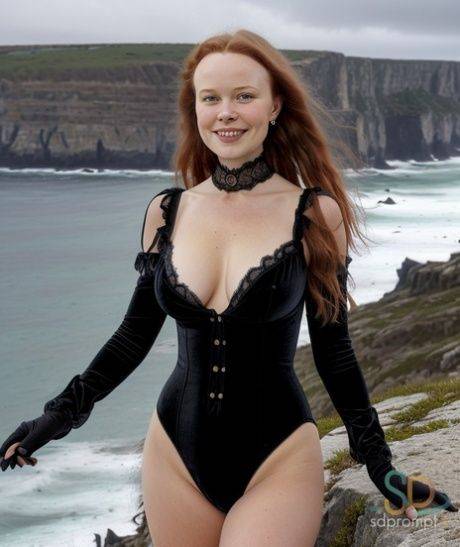 Redheaded AI generated babe Caterrlin poses dressed up and naked outdoors - #5