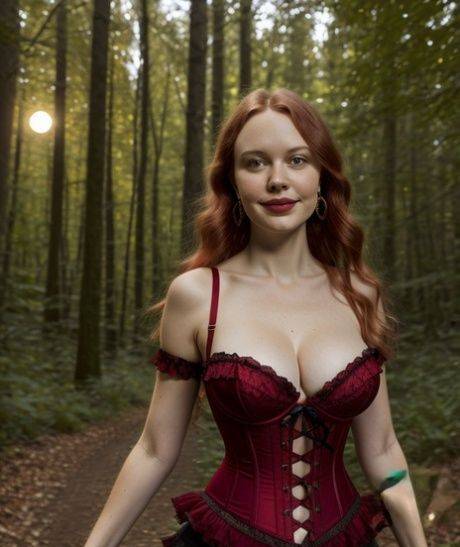 Redheaded AI generated babe Caterrlin poses dressed up and naked outdoors - #6