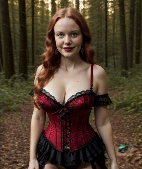 Redheaded AI generated babe Caterrlin poses dressed up and naked outdoors - #7