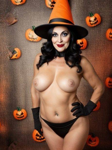 Buxom AI generated MILF Sasha Lansday teases with her big boobs on Halloween - #2